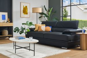 Canapé design avec têtières ajustables 3 places cuir noir et acier chromé EWING