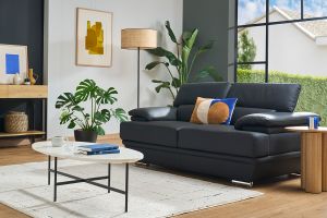 Canapé cuir noir et acier chromé avec têtières ajustables 2 places EWING