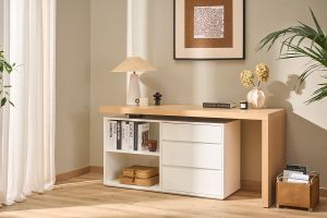 Bureau modulable design blanc brillant et bois clair frêne L160-235 cm NEW MAX