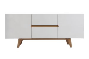 Buffet scandinave blanc laqué brillant et finition bois clair 2 portes 2 tiroirs L160 cm MELKA