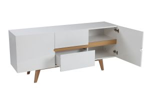 Buffet scandinave blanc laqué brillant et finition bois clair 2 portes 2 tiroirs L160 cm MELKA