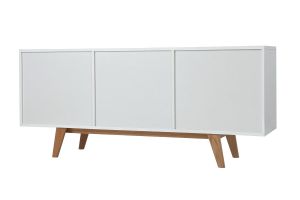 Buffet scandinave blanc laqué brillant et finition bois clair 2 portes 2 tiroirs L160 cm MELKA