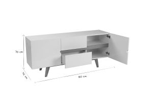 Buffet scandinave blanc laqué brillant et finition bois clair 2 portes 2 tiroirs L160 cm MELKA