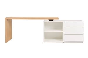 Bureau modulable design blanc brillant et bois clair frêne L160-235 cm NEW MAX