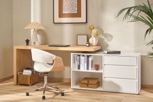 Bureau modulable design blanc brillant et bois clair frêne L160-235 cm NEW MAX
