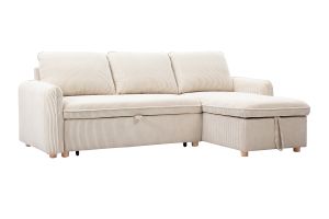 Canapé d'angle convertible réversible avec coffre 3 places en tissu velours côtelé beige et bois clair ORSO