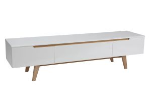 Meuble TV scandinave blanc laqué brillant et bois L180 cm MELKA
