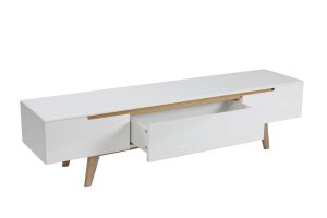 Meuble TV scandinave blanc laqué brillant et bois L180 cm MELKA