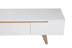 Meuble TV scandinave blanc laqué brillant et bois L180 cm MELKA