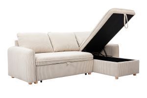Canapé d'angle convertible réversible avec coffre 3 places en tissu velours côtelé beige et bois clair ORSO