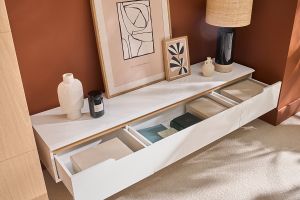 Meuble TV scandinave blanc laqué brillant et bois L180 cm MELKA