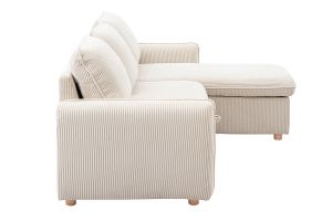 Canapé d'angle convertible réversible avec coffre 3 places en tissu velours côtelé beige et bois clair ORSO