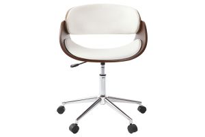 Chaise de bureau à roulettes design blanc, bois foncé noyer et acier chromé BENT