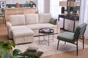 Canapé d'angle convertible réversible avec coffre 3 places en tissu velours côtelé beige et bois clair ORSO