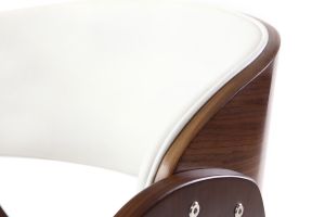 Chaise de bureau à roulettes design blanc, bois foncé noyer et acier chromé BENT