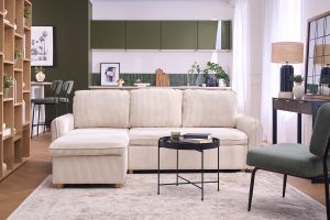 Canapé d'angle convertible réversible avec coffre 3 places en tissu velours côtelé beige et bois clair ORSO