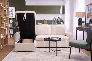 Canapé d'angle convertible réversible avec coffre 3 places en tissu velours côtelé beige et bois clair ORSO