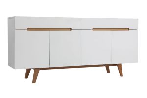 Buffet scandinave blanc laqué brillant et finition bois clair 4 portes 2 tiroirs L180 cm MELKA