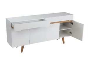 Buffet scandinave blanc laqué brillant et finition bois clair 4 portes 2 tiroirs L180 cm MELKA