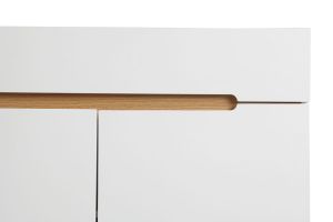Buffet scandinave blanc laqué brillant et finition bois clair 4 portes 2 tiroirs L180 cm MELKA