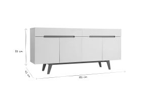 Buffet scandinave blanc laqué brillant et finition bois clair 4 portes 2 tiroirs L180 cm MELKA