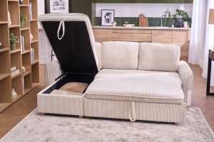 Canapé d'angle convertible réversible avec coffre 3 places en tissu velours côtelé beige et bois clair ORSO