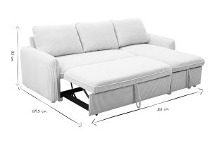 Canapé d'angle convertible réversible avec coffre 3 places en tissu velours côtelé beige et bois clair ORSO