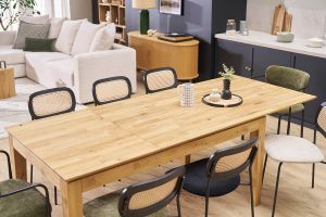 Table à manger extensible rectangulaire en bois clair chêne massif L160-220 cm YULIA