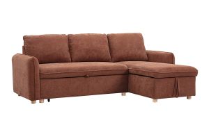 Canapé d'angle convertible réversible avec coffre 3 places en tissu chenille terre brûlée et bois clair ORSO