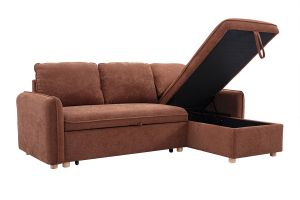Canapé d'angle convertible réversible avec coffre 3 places en tissu chenille terre brûlée et bois clair ORSO