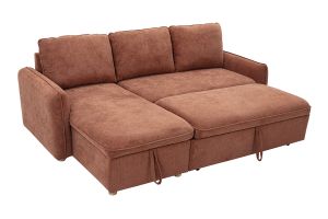 Canapé d'angle convertible réversible avec coffre 3 places en tissu chenille terre brûlée et bois clair ORSO