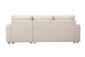 Canapé d'angle convertible réversible avec coffre 3 places en tissu velours côtelé beige et bois clair ORSO