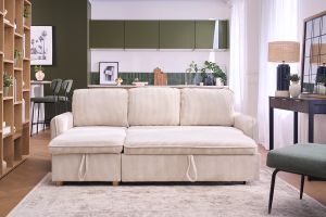 Canapé d'angle convertible réversible avec coffre 3 places en tissu velours côtelé beige et bois clair ORSO