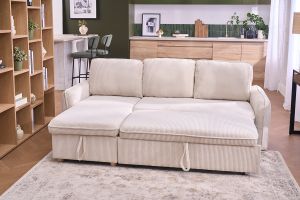 Canapé d'angle convertible réversible avec coffre 3 places en tissu velours côtelé beige et bois clair ORSO