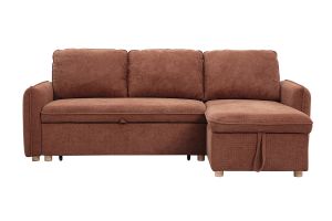 Canapé d'angle convertible réversible avec coffre 3 places en tissu chenille terre brûlée et bois clair ORSO