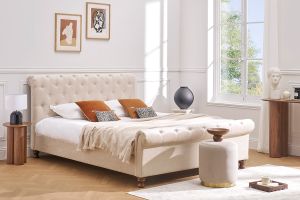 Lit 2 places 160x200 cm en tissu velours beige capitonné RILEY