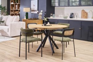 Table à manger ronde extensible en bois clair chêne massif et métal L120-170 cm OLGA