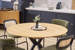 Table à manger ronde extensible en bois clair chêne massif et métal L120-170 cm OLGA