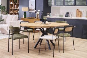 Table à manger ronde extensible en bois clair chêne massif et métal L120-170 cm OLGA