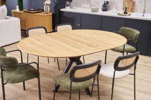 Table à manger ronde extensible en bois clair chêne massif et métal L120-170 cm OLGA