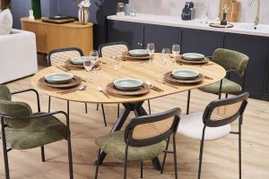 Table à manger ronde extensible en bois clair chêne massif et métal L120-170 cm OLGA