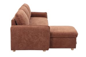 Canapé d'angle convertible réversible avec coffre 3 places en tissu chenille terre brûlée et bois clair ORSO