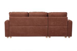 Canapé d'angle convertible réversible avec coffre 3 places en tissu chenille terre brûlée et bois clair ORSO