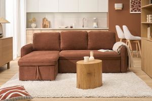 Canapé d'angle convertible réversible avec coffre 3 places en tissu chenille terre brûlée et bois clair ORSO