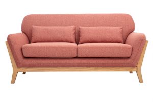 Canapé scandinave 2 places en tissu effet velours texturé terracotta et bois clair YOKO