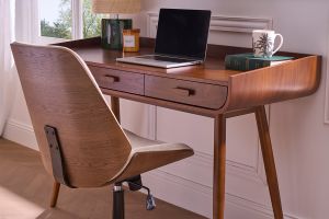 Chaise de bureau à roulettes en bois et tissu effet velours texturé beige DOUGLAS