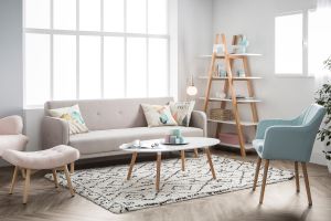 Canapé convertible scandinave 3 places en tissu beige et bois clair ULLA