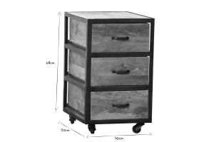 Caisson de bureau à roulettes 3 tiroirs industriel bois massif et métal noir INDUSTRIA