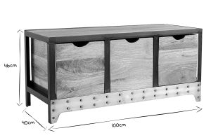 Meuble de rangement industriel en bois manguier massif et métal noir 3 tiroirs L100 cm ATELIER