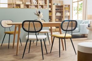 Chaises design en tissu effet laine bouclée blanc, métal noir et cannage rotin (lot de 2) SWANN
